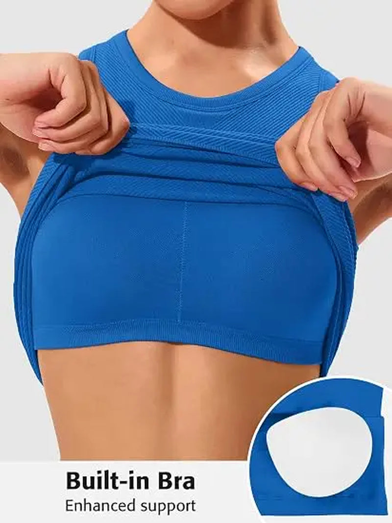 Ribflex Workout Tank Tops for Women Full Length Gym Athletic Top with Built in Bra