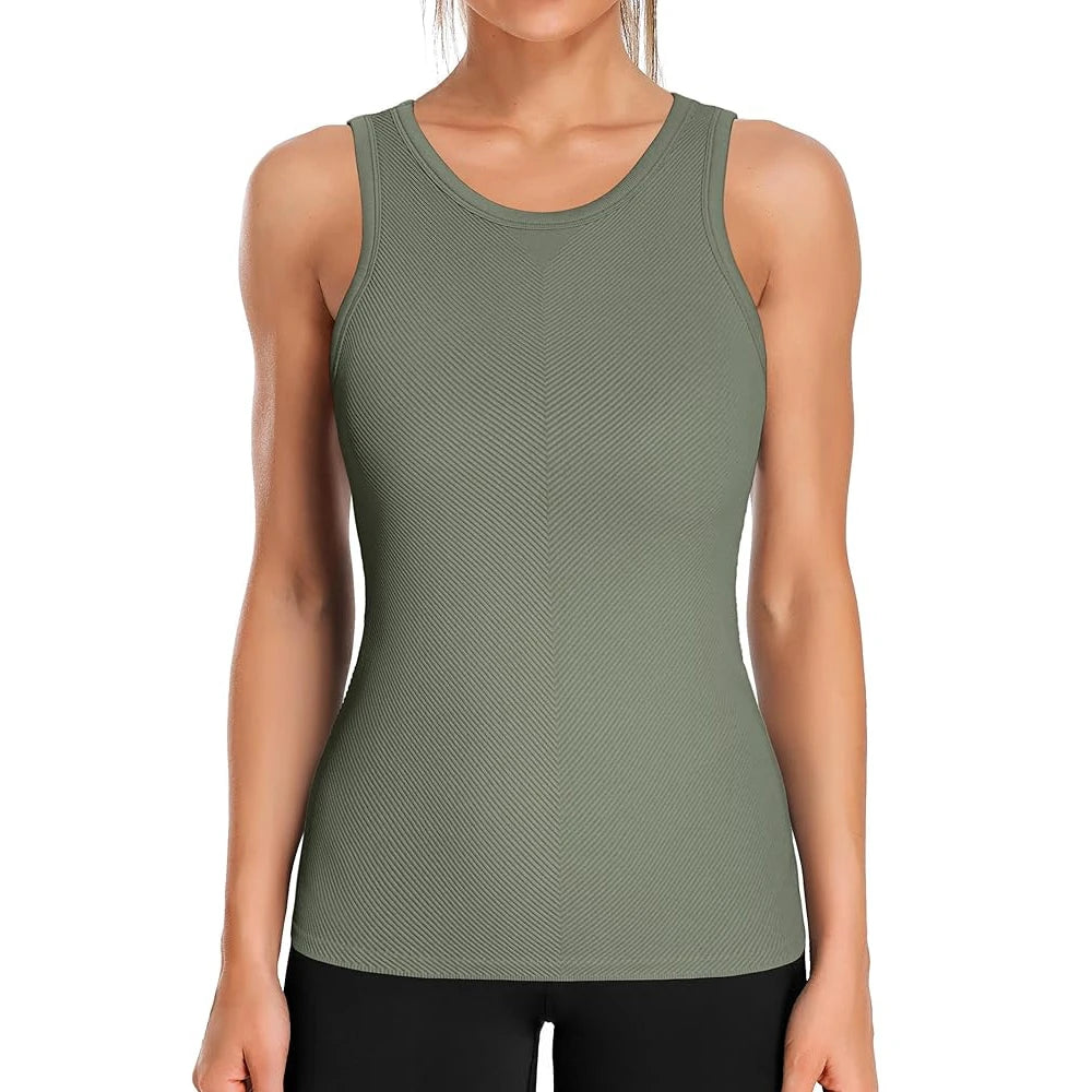 Ribflex Workout Tank Tops for Women Full Length Gym Athletic Top with Built in Bra