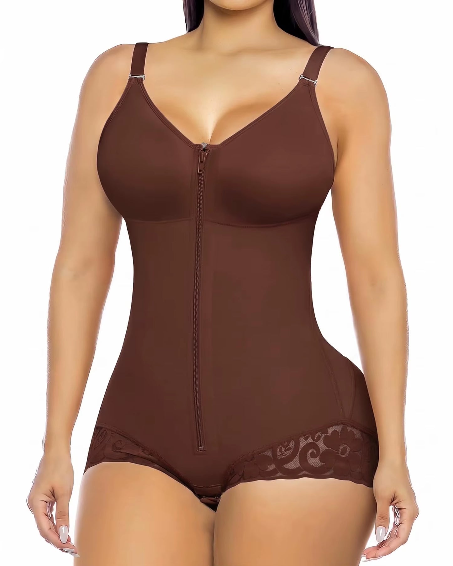 Seamless High Compression Cami Shaper Bodysuit Lace Trim Non Slip Thigh Slimmer Hip Enhancer Shapewear