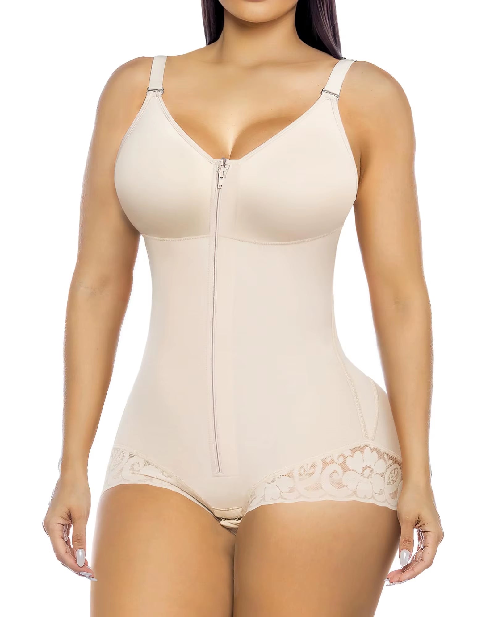 Seamless High Compression Cami Shaper Bodysuit Lace Trim Non Slip Thigh Slimmer Hip Enhancer Shapewear