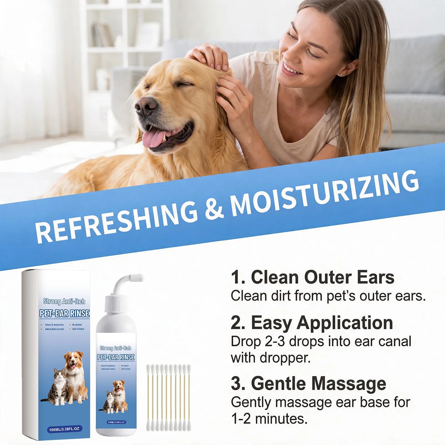 Pet Ear Rinse for Dogs & Cats, Mild Ear Canal Cleansing Liquid, Gentle Ear Wash for Comfort Daily Pet Ear Care